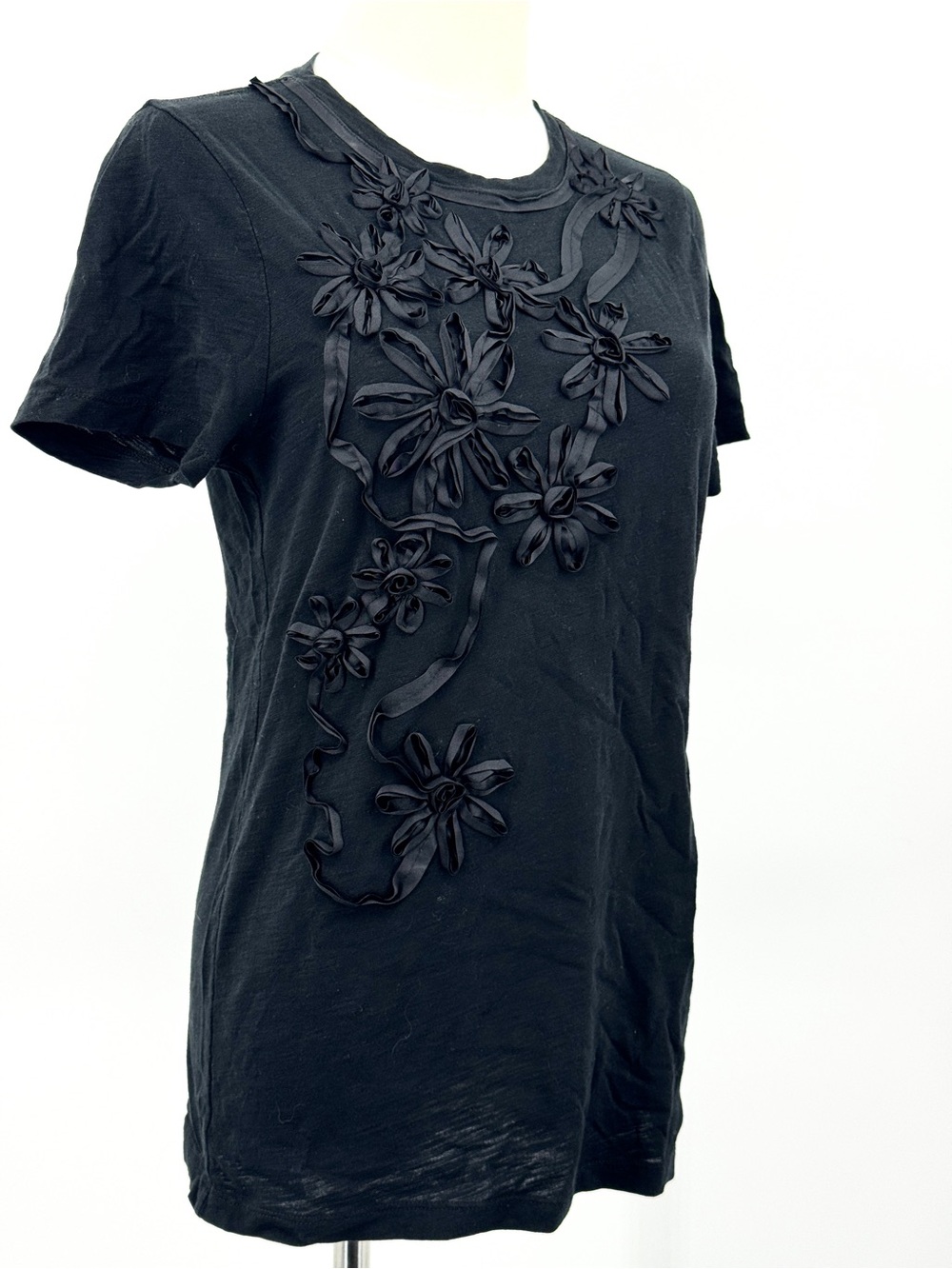 J. Crew Black Short Sleeve Tee with Floral Ribbon Appliqués